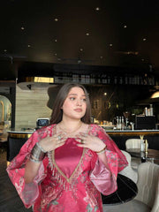 Close-up of Rosé Bloom Set showing intricate beadwork on neckline and floral sleeve details, perfect for elegant nightwear fashion.