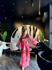 Full view of Rosé Bloom Set with flowy floral kaftan and satin silk inner, ideal for festive loungewear in a chic indoor setting.